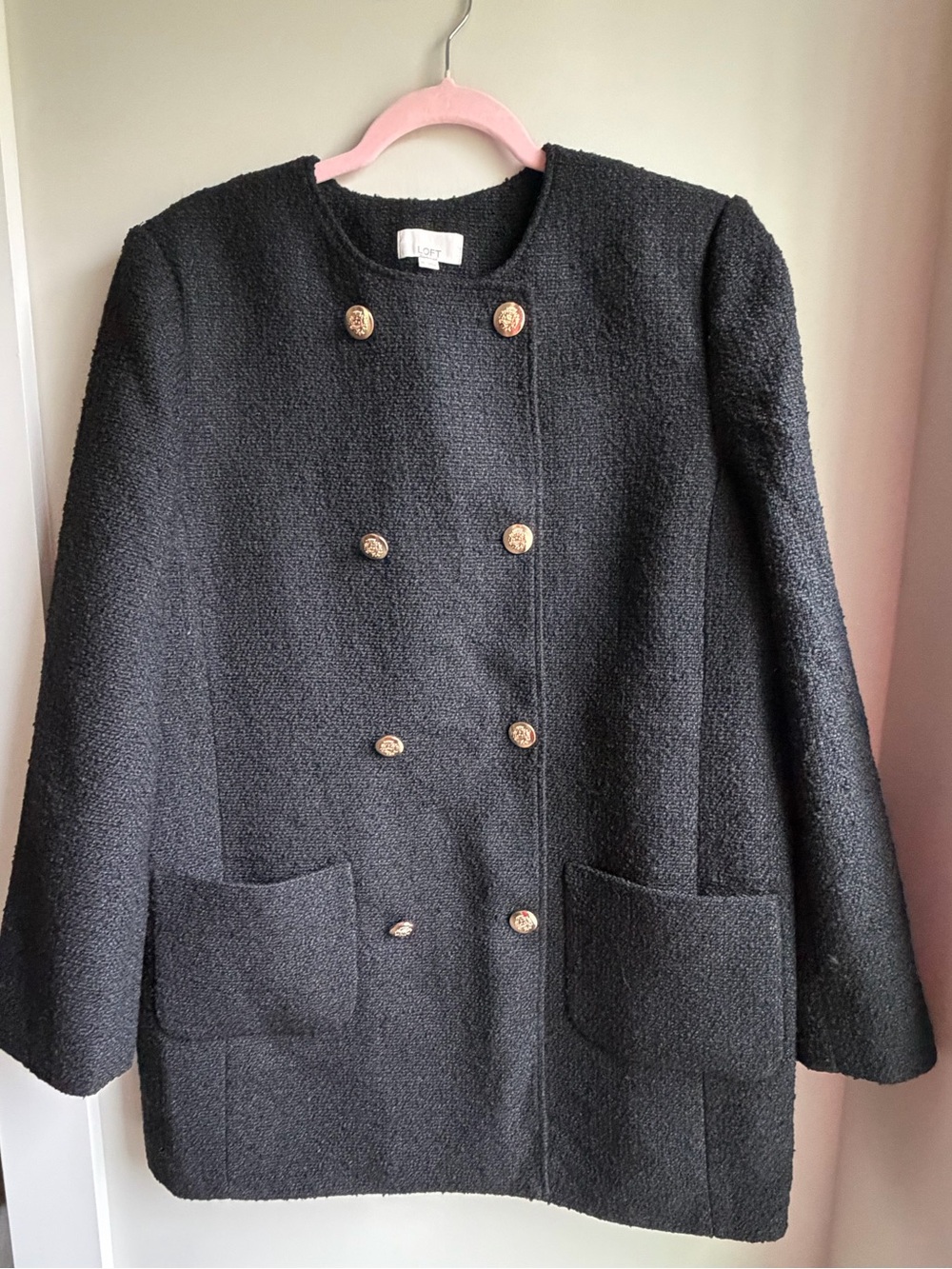 LOFT Black Double-Breasted Bouclé Coat with Gold Buttons